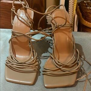 ASOS Tan Strappy Heels with Square-Toe Design